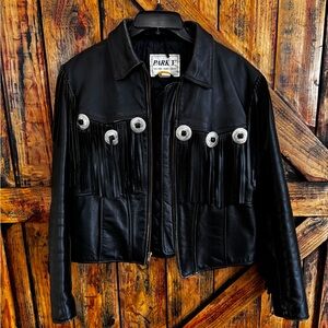 Park V black leather fringe concho jacket